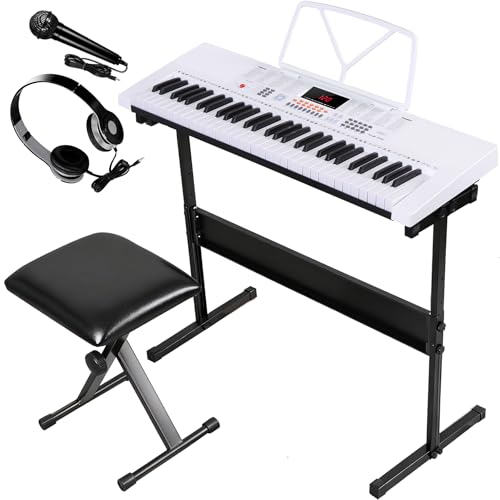 ZENY 61-Key Portable Electric Keyboard Piano with Built In Speakers, LED Screen, Headphones, Microphone, Piano Stand, Music Sheet Stand and Stool (White)