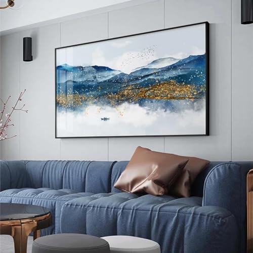 Affiche abstraite bleu doré avec cadre 70x140 cm pour salon moderne