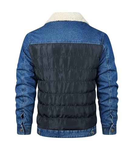 INVACHI Men's Sherpa Fleece Lined Denim Jacket Vintage Lapel Trucker Work Jacket with Leather Patchwork3