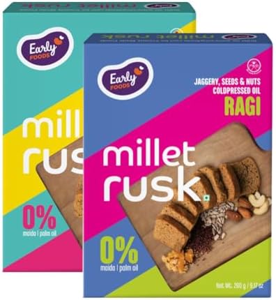 Early Foods Assorted Pack of 2: ZERO MAIDA Ragi & Jowar Rusk | Sugar Free Millet Rusk with Jaggery | No Maida Whole Wheat Rusks | Kids Snack | Tea Toast | Millet & Atta Toast