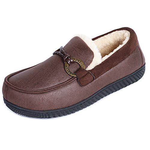 LongBay Men's Comfy Memory Foam Moccasin Micro Suede Slippers Slip On House Shoes for Indoor Outdoor (Large / 11-12, Coffee)