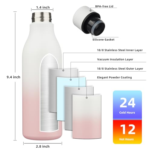 Image of BJPKPK Insulated Water Bottles, 18 oz Stainless Steel Metal Water Bottle with Strap, BPA Free Leak Proof Jugs, Mugs, Flasks, Reusable Thermal Flasks for Sports & Travel, Graceful Pink