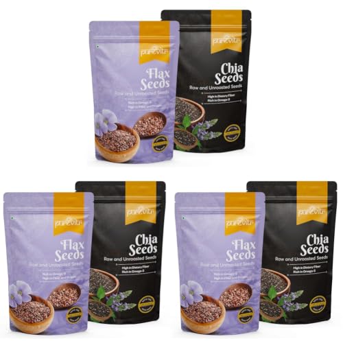 Image of Purevitr Flax Seeds & Chia Seeds Combo | 400g (200g Each) | Superfood Power Duo | Rich in Omega-3, Fiber & Protein | Raw & Natural (Pack of 3)