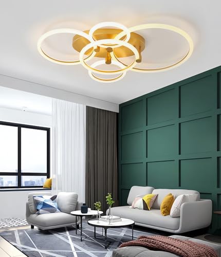 Plafonniers LED salon design or 5 anneaux avec télécommande pour intérieur moderne haut de gamme