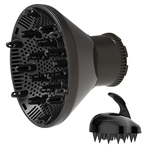 Universal Hair Diffuser Adaptable Hair Dryer Attachment for Blow Dryer Nozzles from 1.7 to 2.2 inch Diameter (Black with Shampoo Brush) Cover