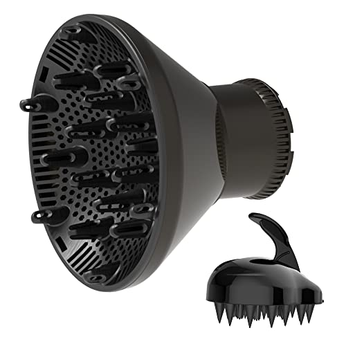 Image of Universal Hair Diffuser Adaptable Hair Dryer Attachment for Blow Dryer Nozzles from 1.7 to 2.2 inch Diameter (Black with Shampoo Brush)