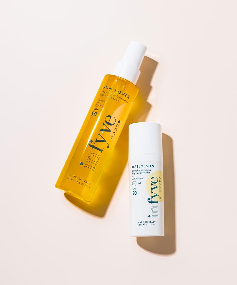SUMMER SET | Cofanetto con Protezione Solare Viso DAILY.SUN SPF50 50ml e Protezione Solare per Corpo, Capelli e Viso SUN.LOVER 150ml | Con Antiossidanti e Acido Ialuronico | 150ml e 50ml