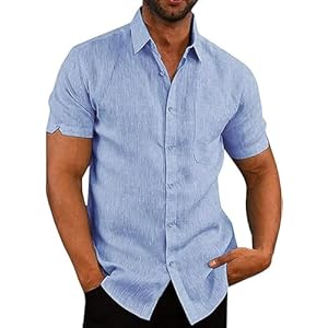 Friptspyg Mens Shirts Short Sleeve Linen Button Down Beach Causual Shirts for Men with Pocket