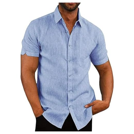 Friptspyg Hommes Chemise Lin Coton Manches Courtes Coupe Regular Casual Chemise de Plage Regular Fit Chemises L'été avec Poche, Bleu Ciel XL