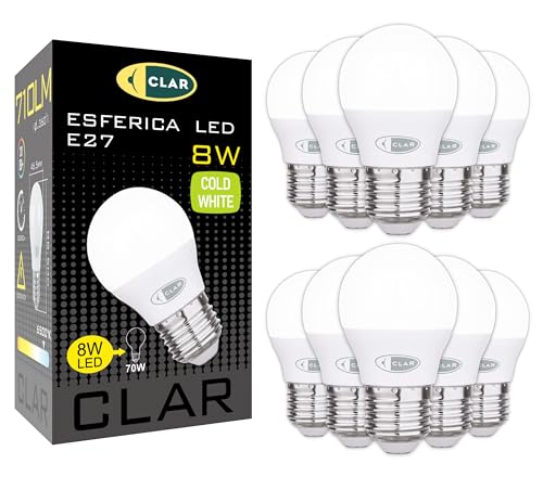 CLAR   Bombilla LED E27 Luz Fría, Bajo Consumo, Pequeña, 40W Equivalente, G45, 8W (Pack 10)