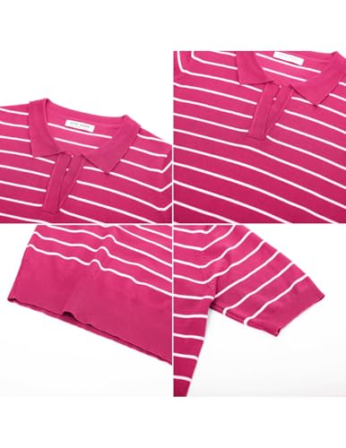 Kate Kasin Striped Short Sleeve Sweaters for Women, V Neck Knit Tops, Business Casual Polo Shirts Hot Pink White XXL — view 6