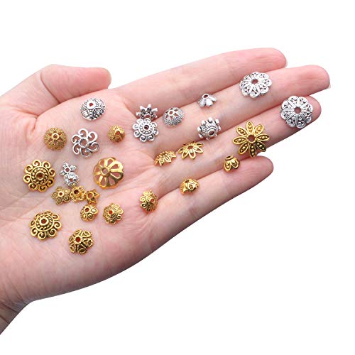 100g (200-350pcs) Mixed Metal Flower Bead Caps Spacer Beads Bali Style Jewelry Findings for DIY Crafting Jewelry Making, Antique Gold and Antique Silver