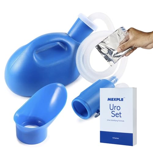 Image of MEXPLE Uroset Urine Solidifier Powder with UroMaX2 2000ml Urinal Bottle Kit | Absorbent Gel for Bedridden Men Women | Leakproof Pee Bottle with 1.6m Hose | Medical Grade Urine Collector