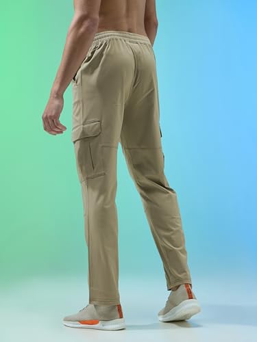 Image of TECHNOSPORT Men's Solid Straight Fit Cargo Pants TS Flexi 6 Pocket Polyester Quick Dry Elasticated Drawstring for Gym Travel Running Workout