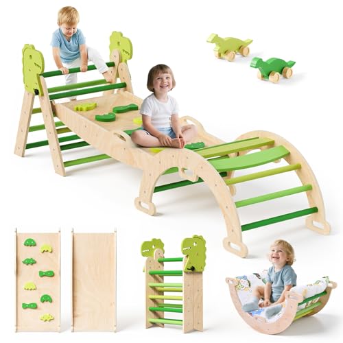 nmoiww Klettergerüst für Kleinkinder, Kletterleiter aus Holz für Kinder mit gemütlichem Kissen, Indoor-Montessori-Spiel-Fitnessstudio (Grüner Dinosaurier-9 in 1)