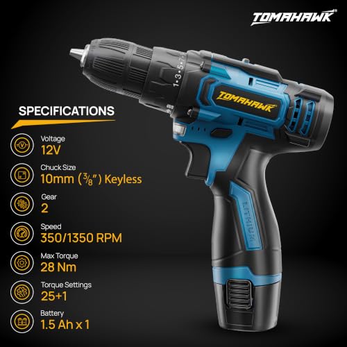 Image of Tomahawk T8000 12V Cordless Drill Machine & Screwdriver for Home | 10mm Keyless Chuck | 2-Speed 350 /1350 RPM | 28 Nm, 25+1 Clutch | 1.5Ah Battery + Charger | LED Light
