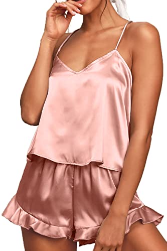 CHYRII Women's Sexy Silk Satin Two Piece Pajamas Sets Ruffled Cami Tops Shorts Sleepwear Gift Pink M