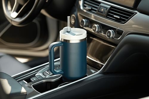 Image of KooK Tumbler with Straw and Handle, 40 Oz, Stainless Steel, Vacuum Insulated Travel Coffee Mug, Reusable Double Walled Water Bottle, Keeps Hot or Cold (Storm Blue)