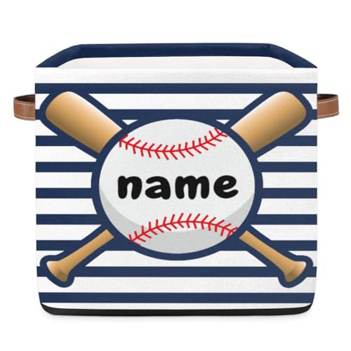 OMFUNS Sport Baseball Personalized Storage Basket 13x13 Blue Stripe Custom Collapsible Cube Storage Bin Fabric Storage Box Organizing for Closet Shelf Home Nursery Toy Basket