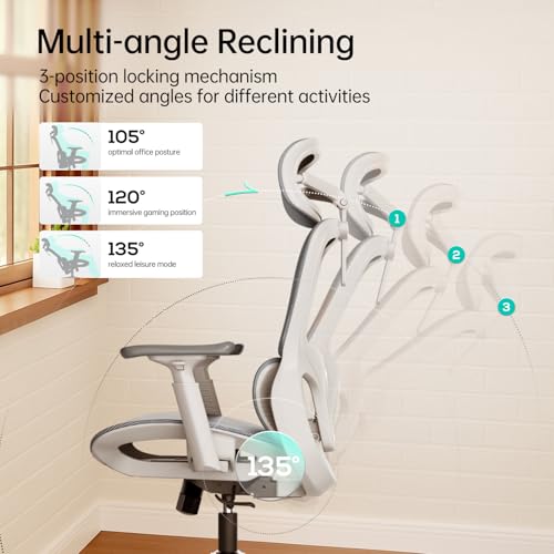 Image of Hbada P2 Ergonomic Office Chair, Office Chair with 3D Lumbar Support, Mesh Chair with 3D 360 Rotation Arms, 3D Headrest & Comfortable Seat, 135 Stepless Tilt Function, White