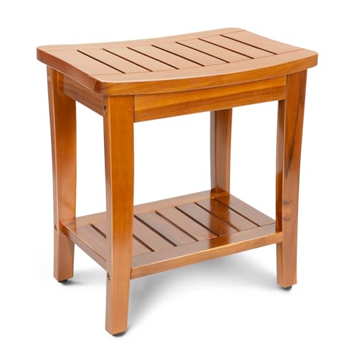 16 Compact Teak Shower Bench with Shelf Premium Teak Shower Stool Durable Waterproof Seat for Inside Shower Solid Teak Wood Bench for Bathroom Indoor & Outdoor Use