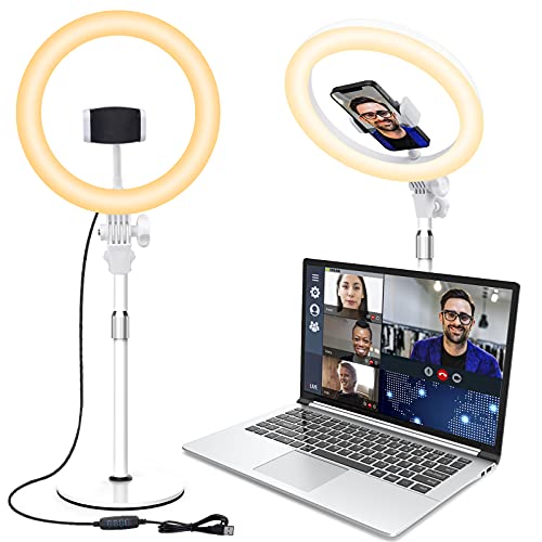 Ringlicht Laptop, LED Ringlicht mit Stativ und Handyhalter für Handy & Webcam, 10" Selfie Videokonferenz Licht für Videoanrufe, Selbstübertragung, YouTube, TikTok, Make-up