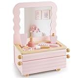 PIIKAGO Wooden Kids Vanity Set with Acrylic Display Case, Pretend Play Toddler Makeup Vanity for Girls, Beauty Salon Set with Makeup Accessories, Little Girls Gift Age 3+ (Pink)