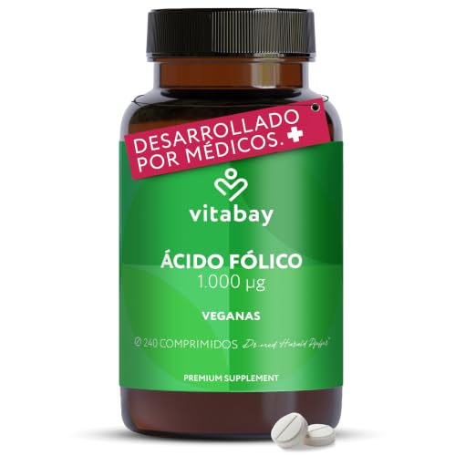 Ácido Fólico Vitabay, 1000 Mcg (240 Tabletas) • Pastillas Ácido Fólico | para la salud • Apoyo del sistema inmune • Vitamina prenatal y durante el embarazo • Calidad alemana