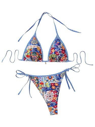 MakeMeChic Women's Plus Size 2 Piece Boho Floral Bikini Set Halter Paisley String Summer Swimsuit Bathing Suit