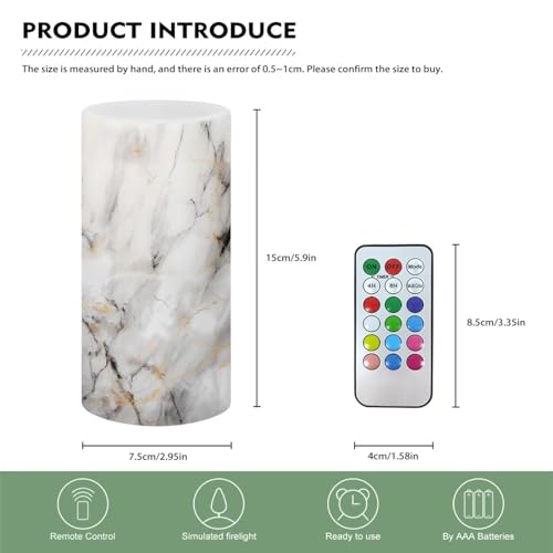Image of Flameless Light Candles Home Table Ornaments, Battery Operated Candles with Color Changing Timer Remote Control Fake Pillar Candles Tealights Home Decor, White Grey Marble