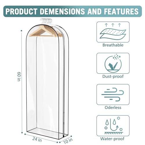 Liuoud Clear Garment Bag for Hanging Clothes 10” Gusseted, 60” Suit Bags for Open Closet Storage Plastic Clothes Cover for Coat, Dress, Shirts, Fur, Jacket, Wardrobe Protectors, 4 Pack