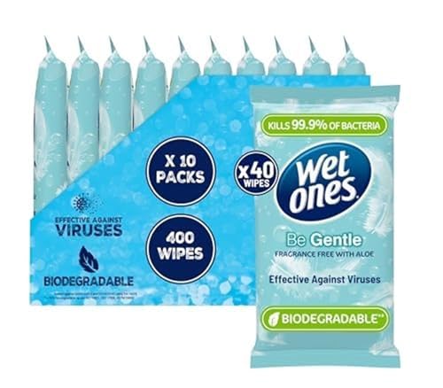 WET ONES - Be Gentle | Plastic Free Anti-bacterial Bio-degradable Hand Wipes | 400 Total - 10 packs x 40 wipes