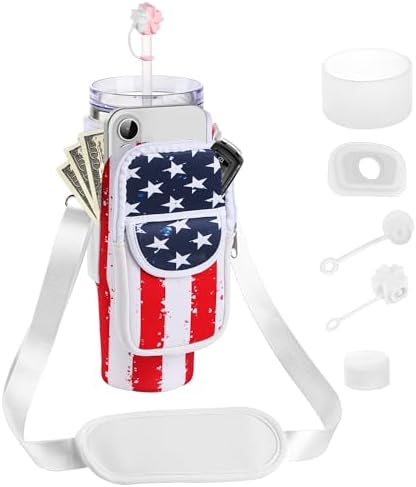 Water Bottle Holder with Strap for Stanley 30/40 oz Tumbler, Fashion Stanley Cup Bag with Big Phone Pocket, Silicone Boot, Straw Cover & Leak Proof Stoppers