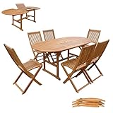 Panana 7 Piece Acacia Wood Garden Dining Furniture Set, Extending Wooden Table and 6 Folding Chairs with Parasol Hole, Outdoor Patio Furniture for Terrace Balcony Conservatory