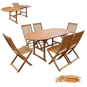 Panana 7 Piece Acacia Wood Garden Dining Furniture Set, Extending Wooden Table and 6 Folding Chairs with Parasol Hole, Outdoor Patio Furniture for Terrace Balcony Conservatory
