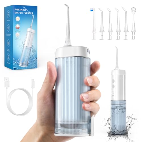 DIHOOM Jet Dentaire Hydropulseur Dentaire Portable - Mini Voyage Jet Dentaire Hydropulseur, 4 Modes et 6 Buses, Réservoir 210ML, USB Chargé et IPX7 Etanche, Blanc