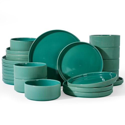 Image of Famiware Stoneware Dinnerware Sets for 8, 24pc Rimmed Plates, Bowls, Dishes | Chip & Scratch Resistant Ceramic, Microwave & Dishwasher Safe, Everyday & Formal Use, Modern Rustic, Lipped Edges, Sage Green