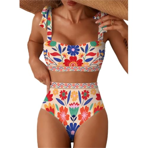Bikini 2 pièces taille haute pour femmes avec contrôle du ventre en orange XXL