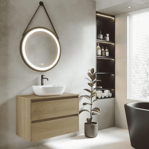 Mueble de Baño Suspendido con Lavabo Sobreponer Cerámico | Mueble Volado 2 Cajones | 80 cm Roble Natural