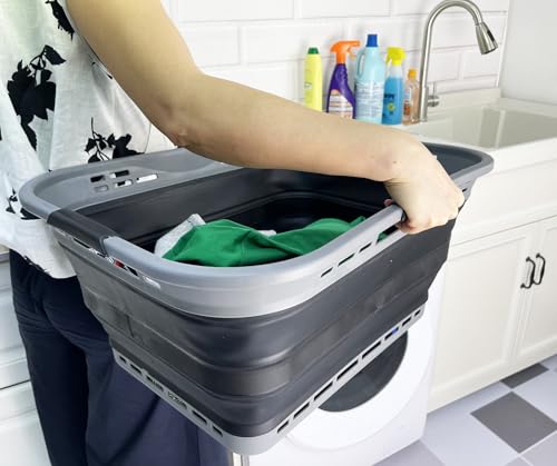 Image of SAMMART Set of 2 Collapsible Plastic Storage Basket - Foldable Pop Up Storage Container - Portable Laundry Organizer - Space Saving Hamper (Grey /Black, 42L (Style A))
