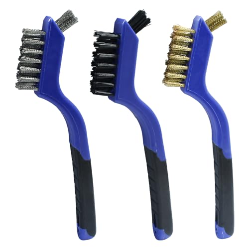 Image of 3Pcs Small Wire Brush Set, Metal Cleaning Brush Bristle Brush, Brass /Nylon /Stainless Steel Wire Brushes for Cleaning Rust Removal, Polishing, Scrubbing (Blue)