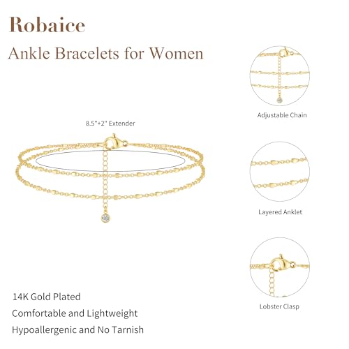 Image of Robaice Ankle Bracelets for Women, Glitter Waterproof Adjustable Anklet for Women, 14K Gold Plated /Sterling Silver Layered Anklets, Summer Beach Anklet Jewelry for Women Gift