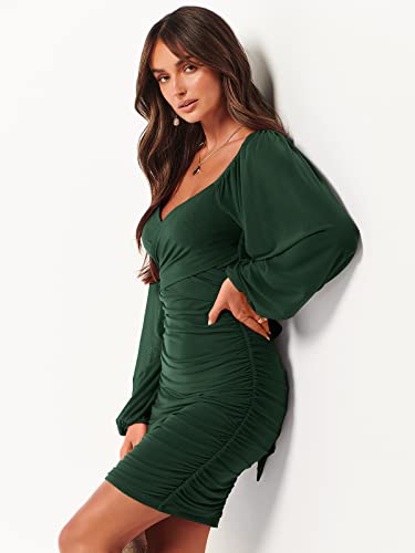Anrabess Women's Sexy V Neck Ruched Bodycon Mini Dress Puff Long Sleeve Cocktail Wedding Party Short Dresses 955Shenlv-L Deep Green #TOP5