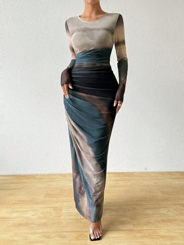 Image of LIGHT DOT Women's Printed Bodycon Maxi Dress Long Sleeve Tie Dye Mesh Ruched Cocktail Dress
