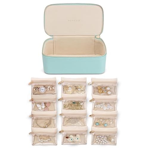 Vlando Travel Jewellery Organiser,PU Leather Jewellery Box with 12 Velvet Jewellery Pouch, Jewellery Case for Necklace,Ring, Jewellery Gift Box for Women, Light Blue-L C.12 Pcs-lake Blue