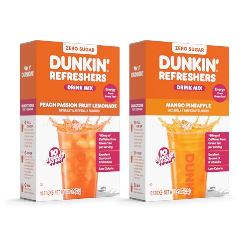 Dunkin’ Refreshers Singles To Go! Powdered drink mix packets, each Passionfruit Lemonade, Mango Pineapple, Energy from Green Tea, aspartame-free, no synthetic colors, just add water
