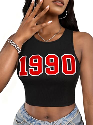 Hilinker Womens Graphic Tank Tops Ribbed Sleeveless Funny Crop Top Cute Summer Shirt Black Red 1990 X-Large