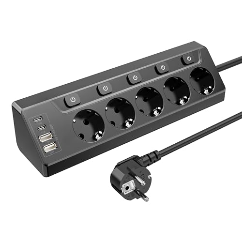 Enchufe de esquina 5 en 1 para cocina, enchufe de mesa con USB C y USB A, enchufe múltiple con interruptor, 5 enchufes de CA, cable de 2 metros, regleta negra para cocina y escritorio