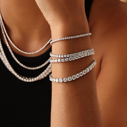 Round Cut Lab Created Moissanite or Lab Grown Diamond Tennis Bracelet Jewelry For Men Women In 14K White Gold Plated 925 Sterling Silver VVS1 Clarity 2.00 Ct To 27.65 Ct, 2MM To 6MM Width, 6.5" To 8"3