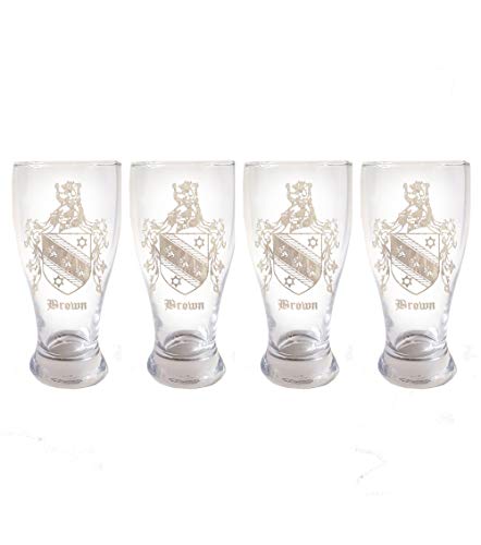 Brown Family English Coat of Arms Engraved Ale Glass Set of 4 - Personalized Heraldic Glassware